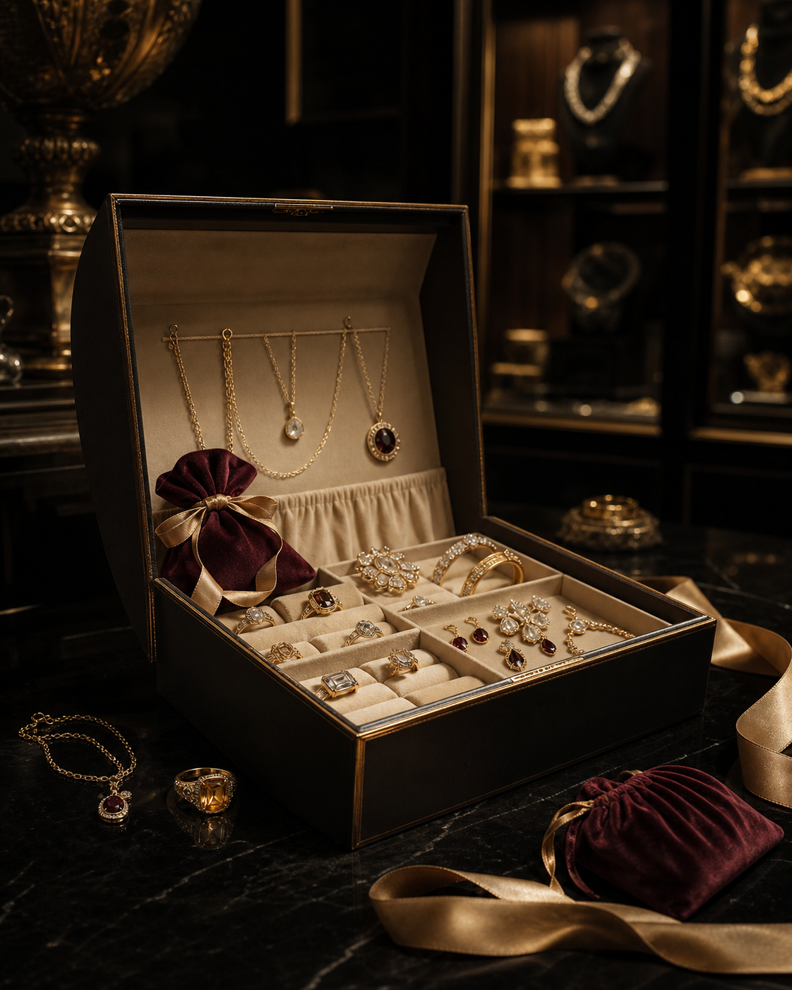 Open luxury jewelry mystery box with curated necklaces, rings, bracelets and earrings